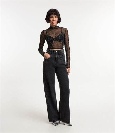 Calça Wide Leg Jeans com Pregas Frontais Preto .